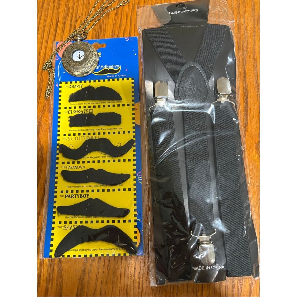 Gatsby Costume Mustache, Pocket Watch, and Suspenders, NEW